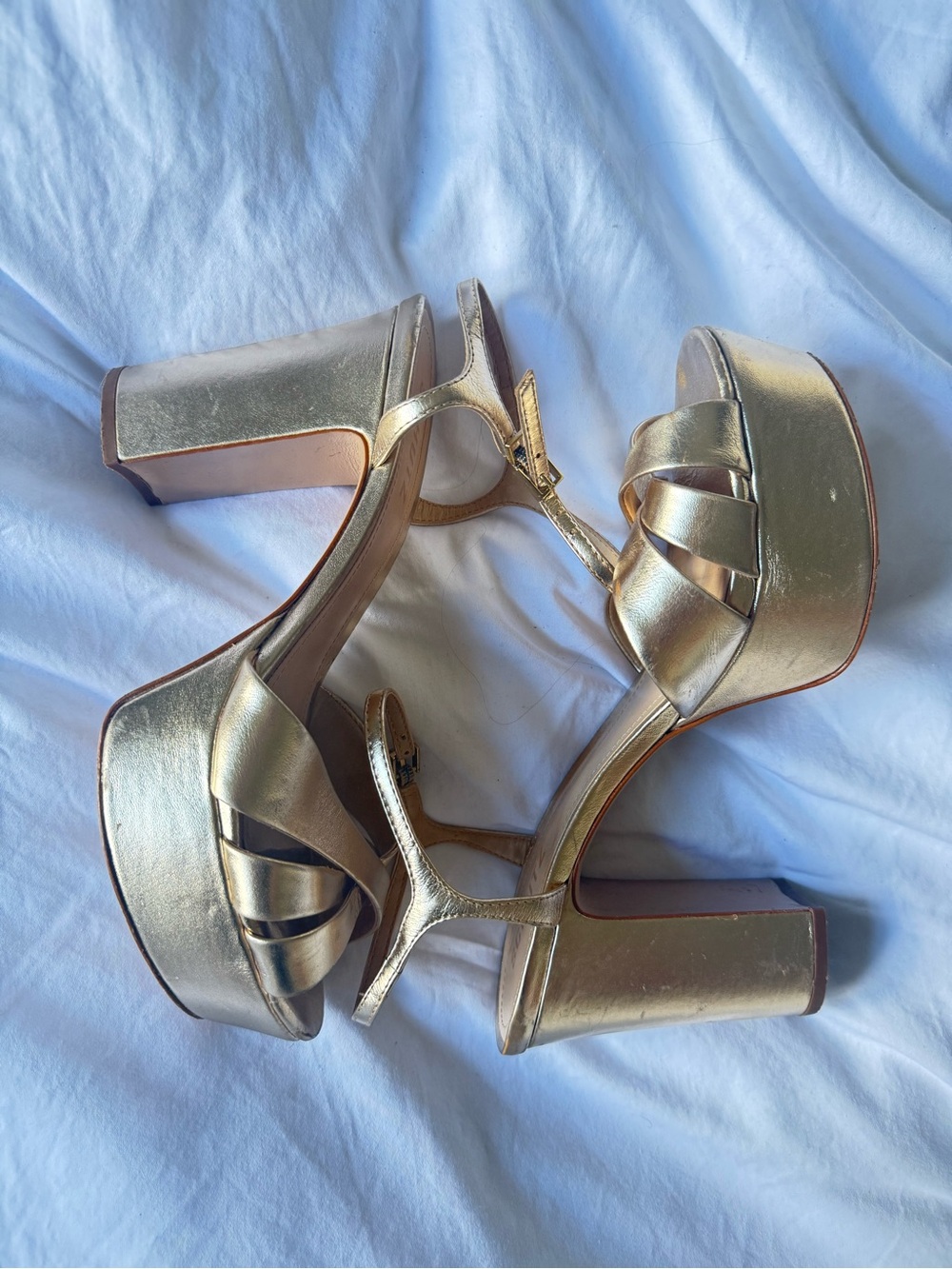 Schultz Gold Platform Sandals with Crisscross Straps Keefa Metallic Leather 9.5 - Picture 3 of 7
